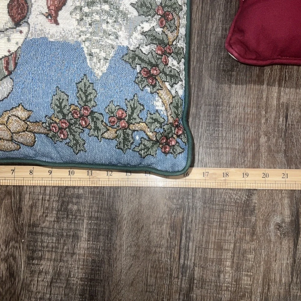 2 Tapestry Christmas Throw Pillows Snowman And Winter Scene